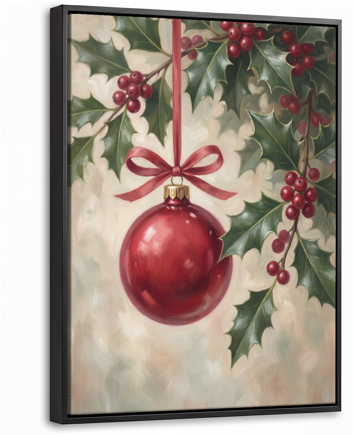 Canvas Schilderij met Baklijst 30x40cm - Kerstbal - Hulst - Rood - Muurdecoratie woonkamer - Slaapkamer decoratie - Kamer accessoires - Schilderijen op canvas met lijst
