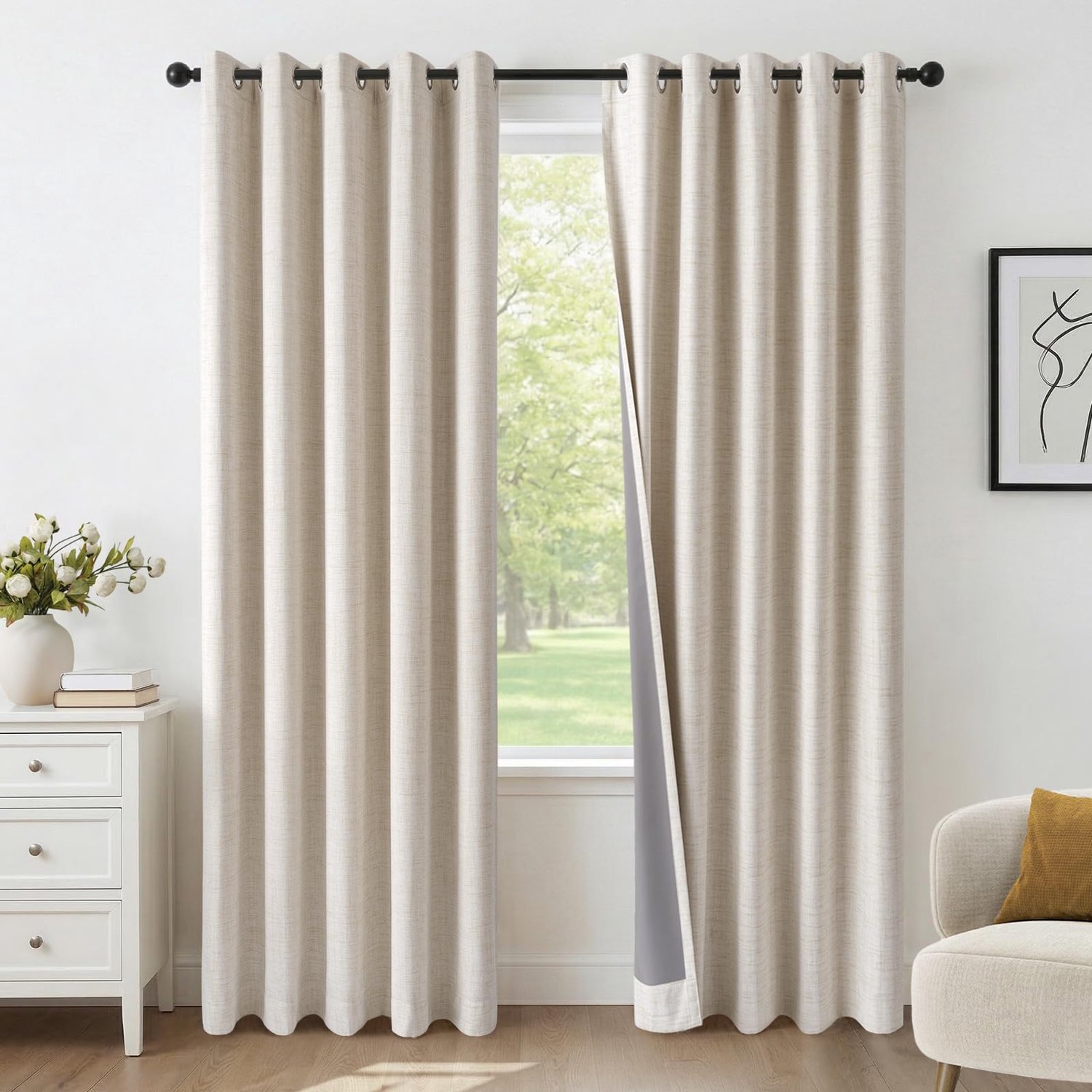 Famanu Set van 2 100% verduisterende gordijnen met gaten van 140 x 260 cm, linnenlook, thermisch en ondoorzichtig, beige gordijnen voor woonkamer en slaapkamer
