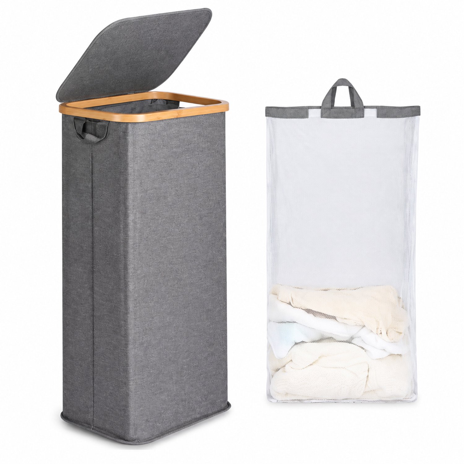 Grijze smalle wasmand 41 x 22 x 70 cm, 63 L, opvouwbaar van Oxfordstof met klapdeksel, geïntegreerde handgrepen en netzak