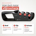 Zwarte messenslijper met drie genummerde slijpgleuven: grof, fijn en voor scharen.