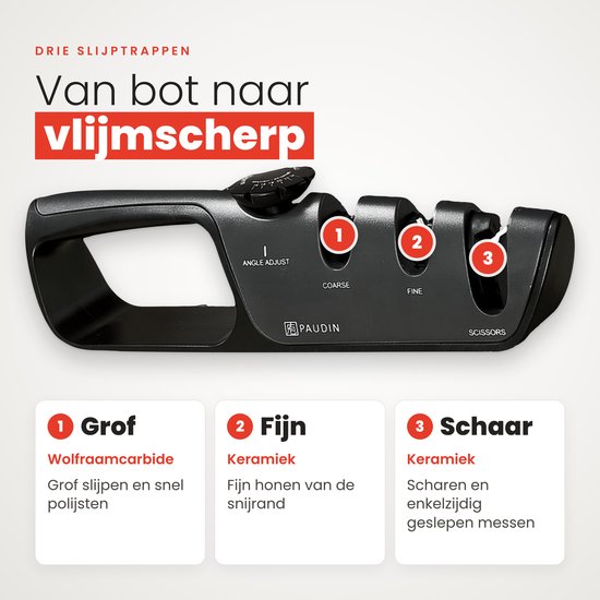 Zwarte messenslijper met drie genummerde slijpgleuven: grof, fijn en voor scharen.