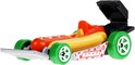 Hot Wheels auto in de vorm van een hotdog, met groene wielen en een grill-voorbumper.