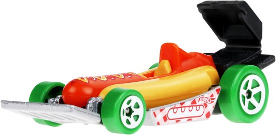 Hot Wheels auto in de vorm van een hotdog, met groene wielen en een grill-voorbumper.