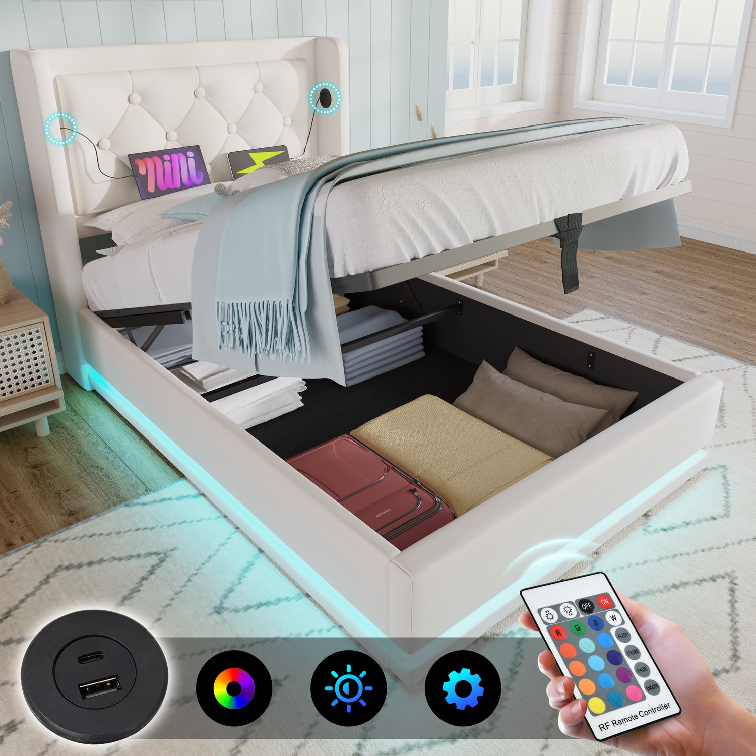 Vovtenza Gestoffeerd eenpersoonsbed 90*200 cm - wit PU-materiaal - hydraulisch opbergbed - gewatteerd hoofdeinde met USB Type-C oplaadfunctie - 3-zijdige LED-verlichting (matras niet inbegrepen)