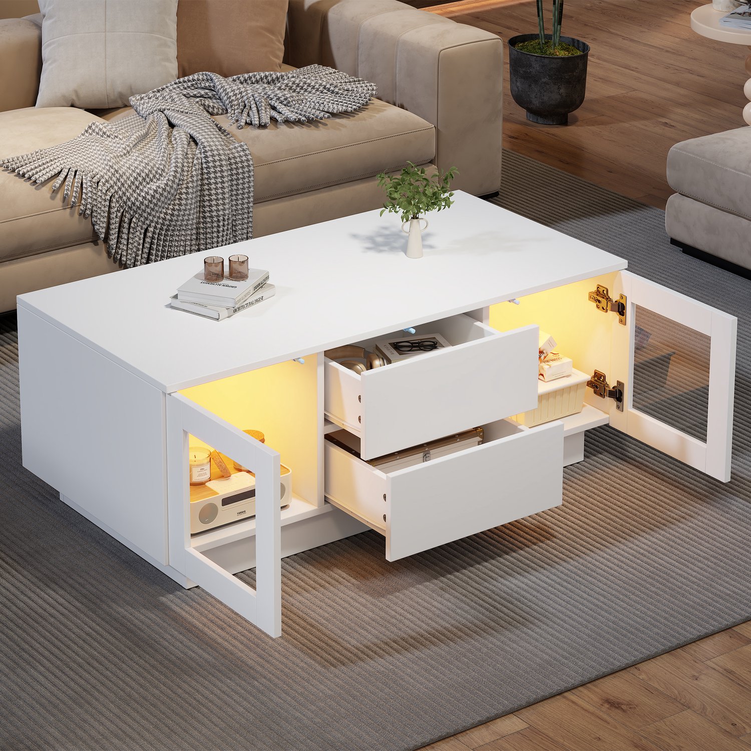 DantefHandels 100×50×40cm witer Hochglanz-salontafel, met per mobiler App steuerbaren LED-Leuchten, woonkamertafel met Schrank, salontafel, bijzettafel, salontafelgeschikt voor kantoor, werkkamer