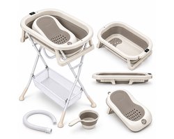 Bebies First Babybadje met Standaard – Badset 4-in-1 – Opvouwbaar – Met Thermometer en Badzitje – Grijs