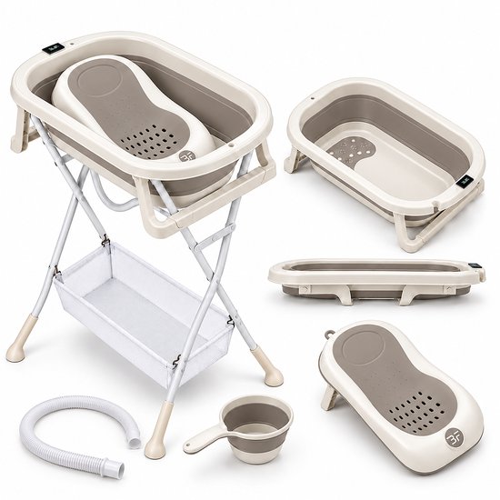 Bebies First Babybadje met Standaard – Badset 4-in-1 – Opvouwbaar – Met Thermometer en Badzitje – Grijs
