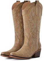 Homaxy - Cowboylaarzen Dames - Western laarzen dames - Middenhoge Laarzen met Borduurwerk - Geschikt voor brede voeten - kaki- 38 - Geschikt voor voetlengte van24.45 cm