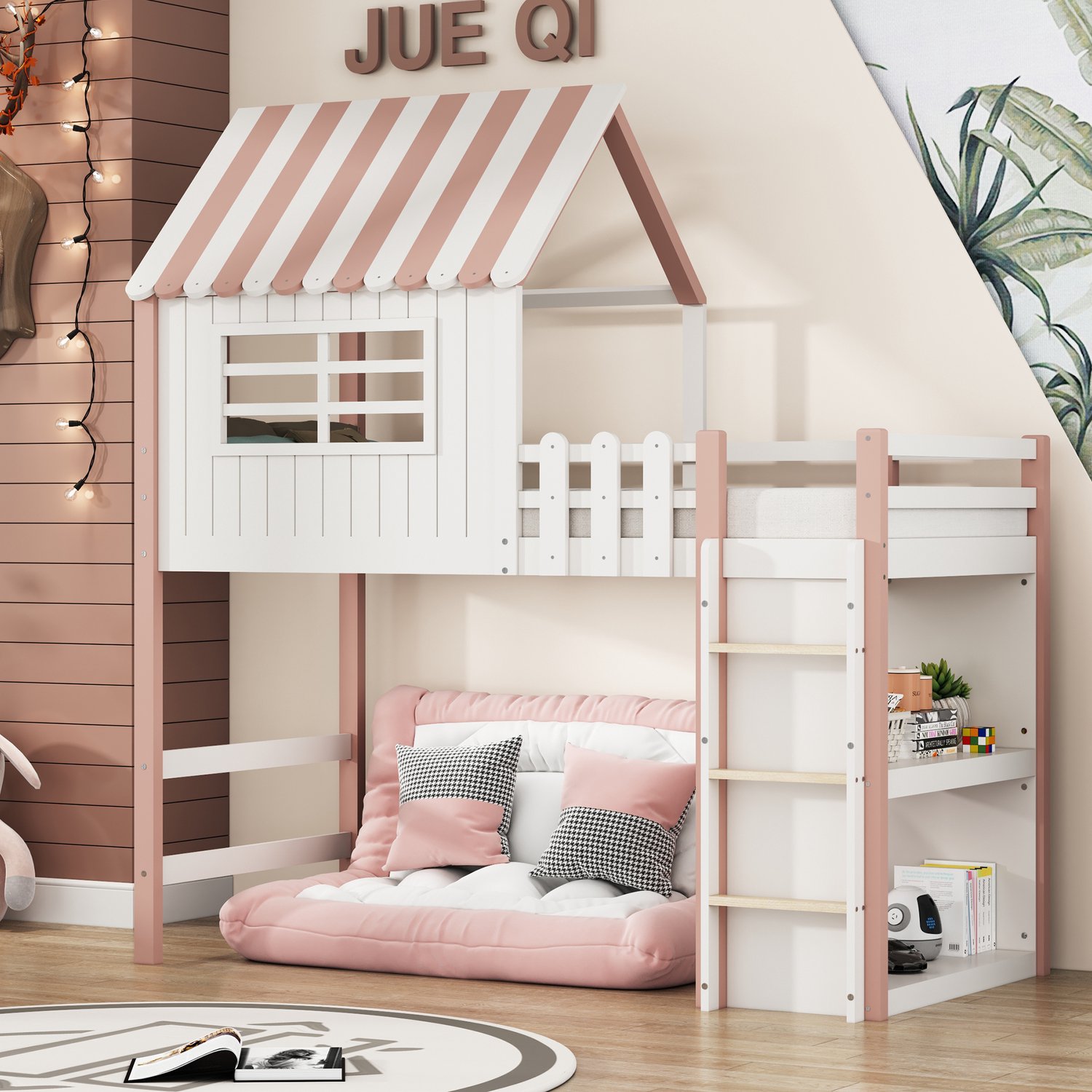 Zubaliya Kinderbed in huisvorm - 90 x 200 cm - Roze - massief hout - Lattenbodem - Opbergruimte