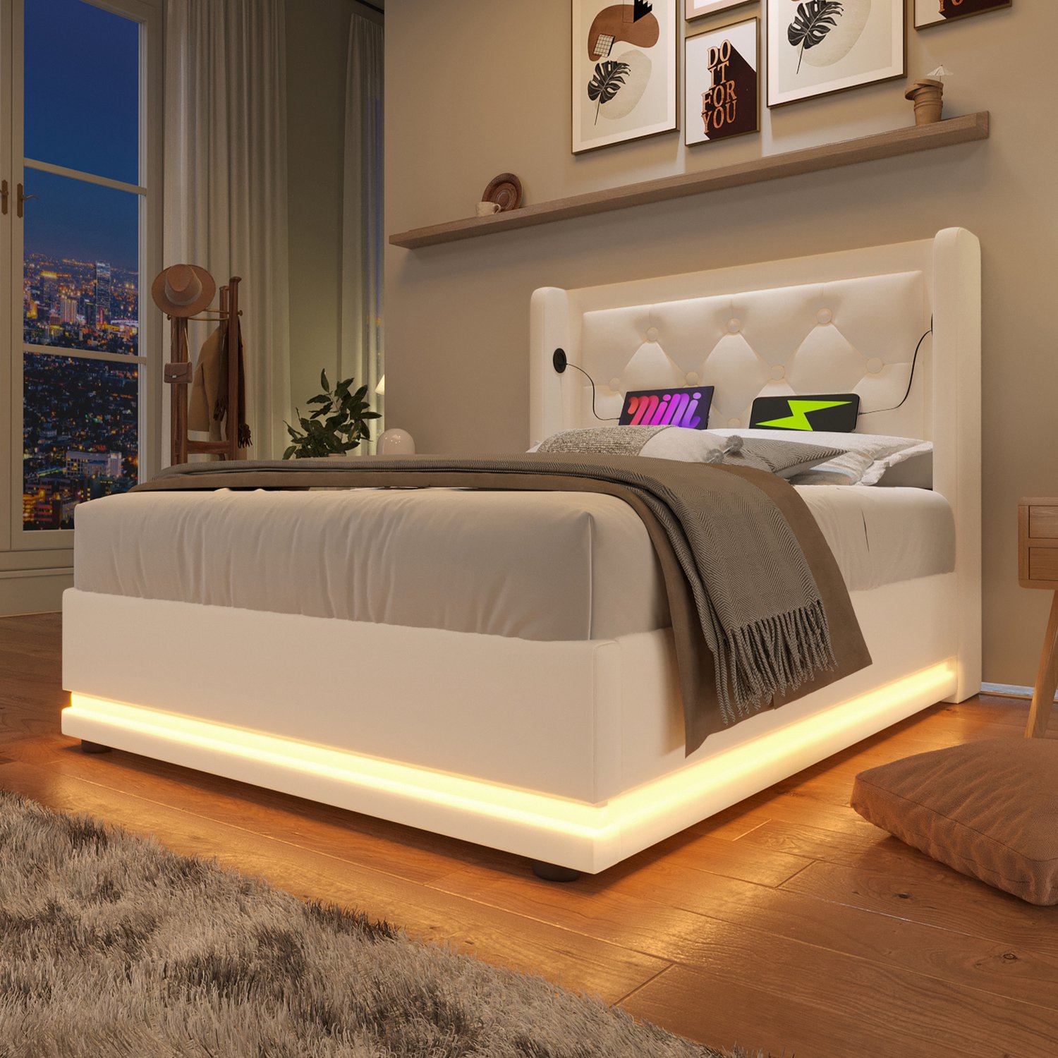 MUVANO Wit gestoffeerd opbergbed 90x200 - Eenpersoonsbed - Hydraulisch hefbaar - USB en USB-C - Driezijdige ledverlichting - PU-kunstleer - Slaapkamer