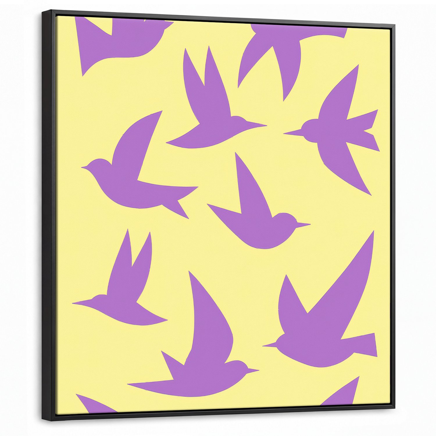 Canvas Schilderij met Baklijst 90x90cm - Vogels - Cirkel - Geel - Beweging - Muurdecoratie woonkamer - Slaapkamer decoratie - Kamer accessoires - Schilderijen op canvas met lijst