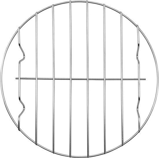 Rond metalen rooster met dunne spijlen en twee gebogen steunen.