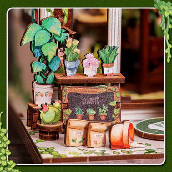 DIY "Boekenhoek" Bouwmodel - Mini Groene Boekhandel - 3D Houten Puzzel - Zelf in elkaar te zetten Huis - Miniatuur Scène Set - Model Speelgoed - Geschikt voor Boekenplanken en Woondecoratie - Inclusief LED-verlichting