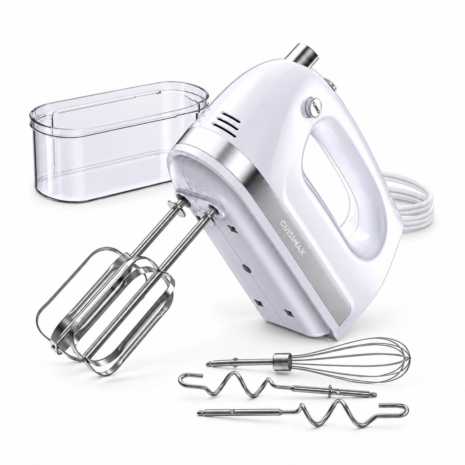 Bol.com Cuisimax Handmixer met Opbergbak - 5 Snelheden + Turbo - 5 RVS-opzetstukken - Klopgardes, Kneedhaken en Ballongarde - Co... aanbieding