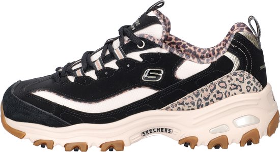 Zwarte Skechers D'LITES veterschoen met leopardprint op de tong en hiel, beige accenten en een dikke rubberen zool.
