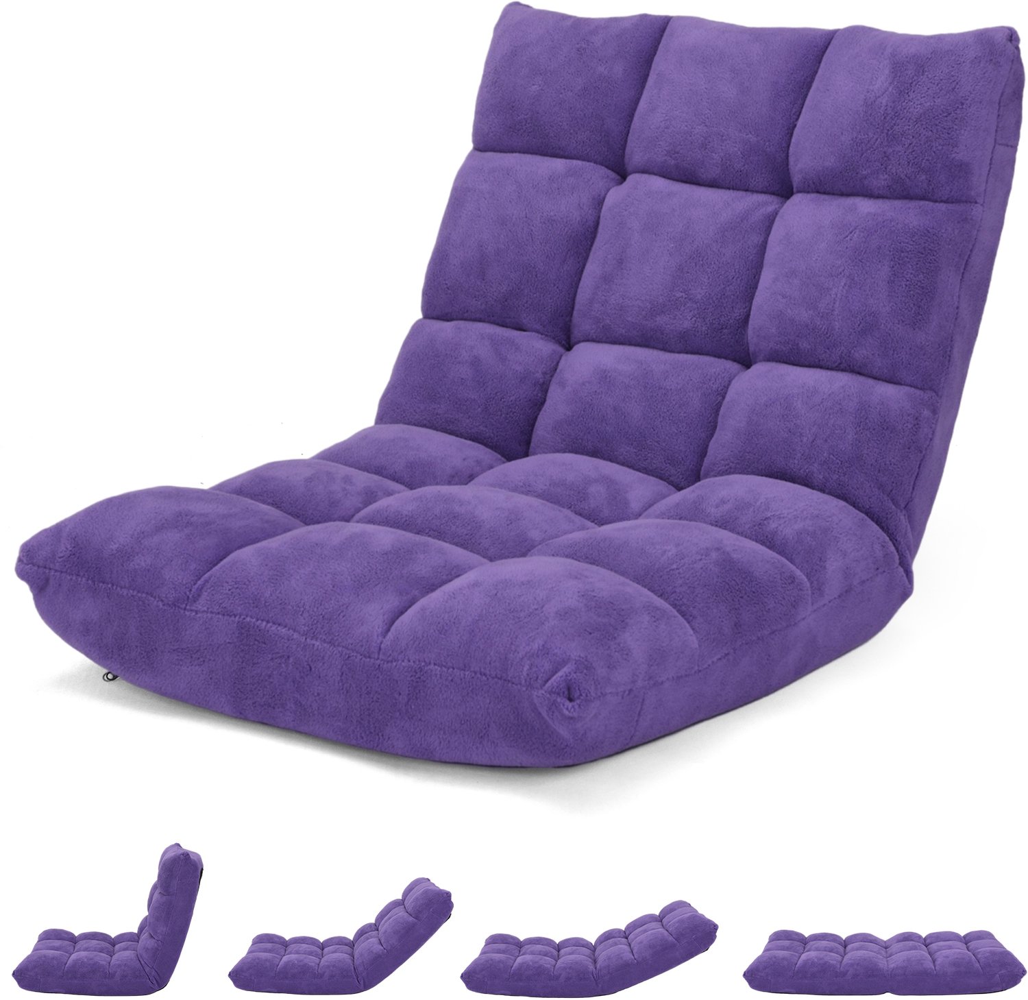 Costway Verstelbare Vloerstoel van Koraalfleece - Gevoerde Meditatiestoel - Opvouwbaar Bodemkussen - Relaxstoel - 105 x 56 x 15 cm Paars