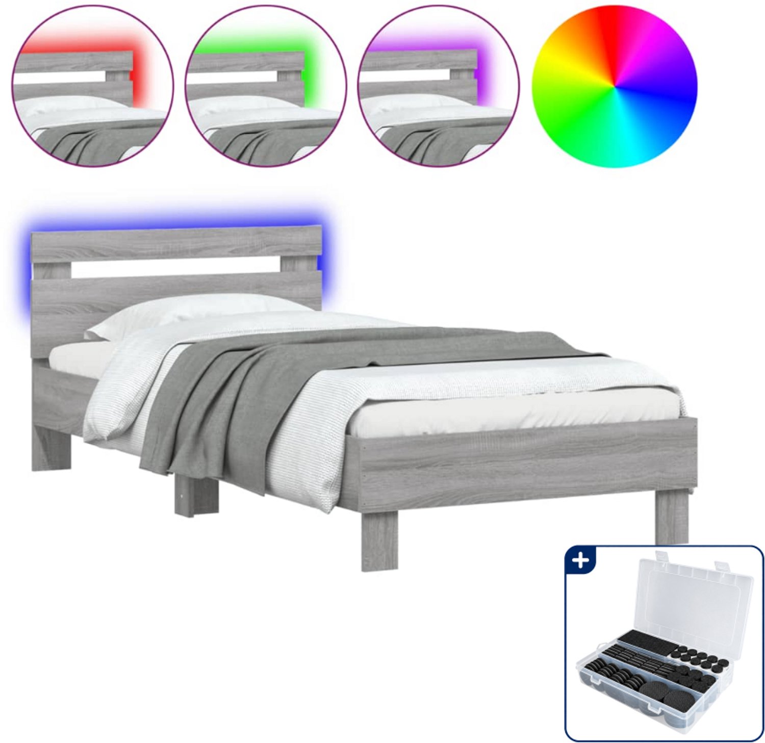 vidaXL bedframe met hoofdbord en LED - 75 x 190 cm - grijs sonoma - Inclusief antikrasvilt 177-delig