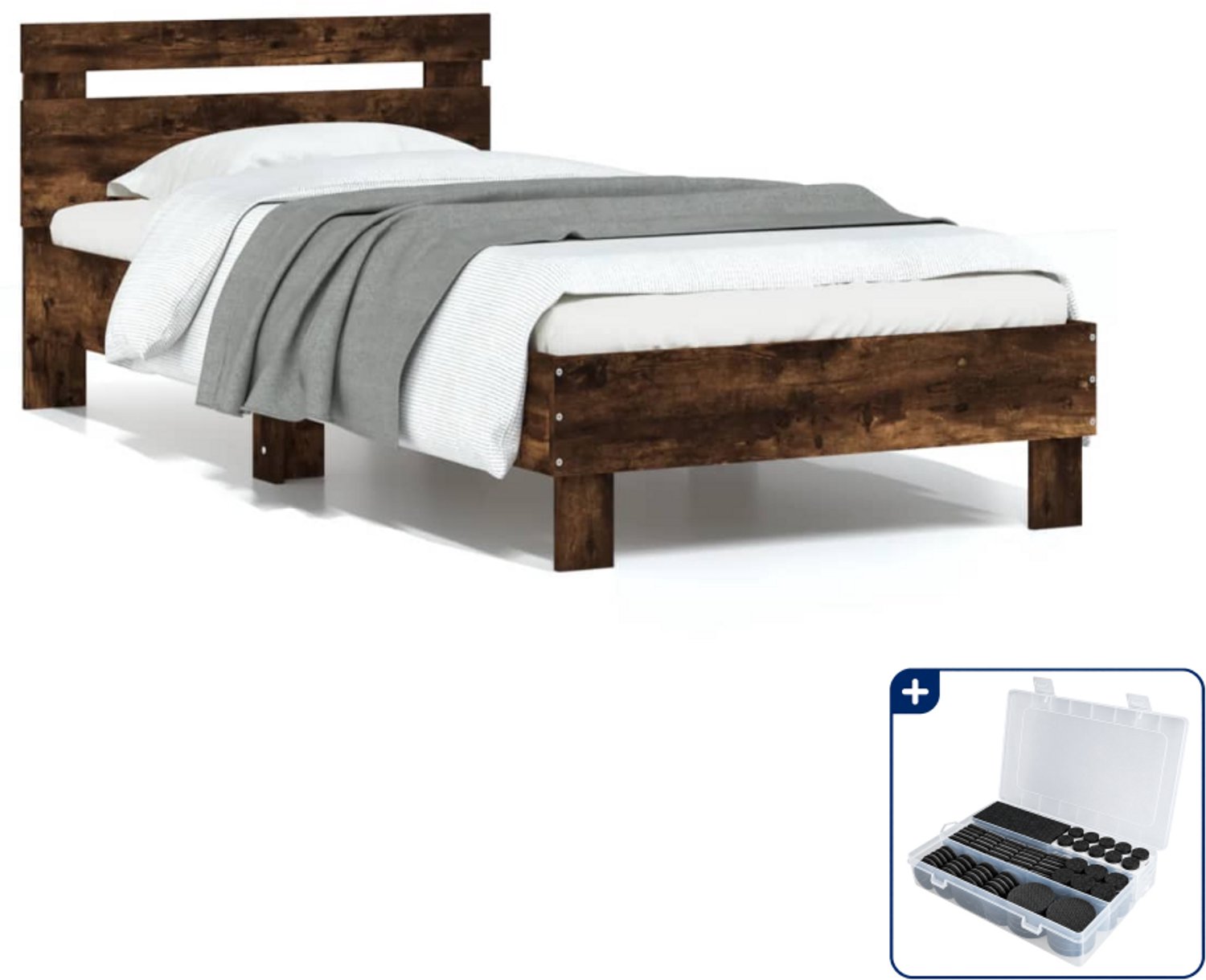 vidaXL bedframe met hoofdbord - 75 x 190 cm - gerookt eiken - Inclusief antikrasvilt 177-delig Bruin