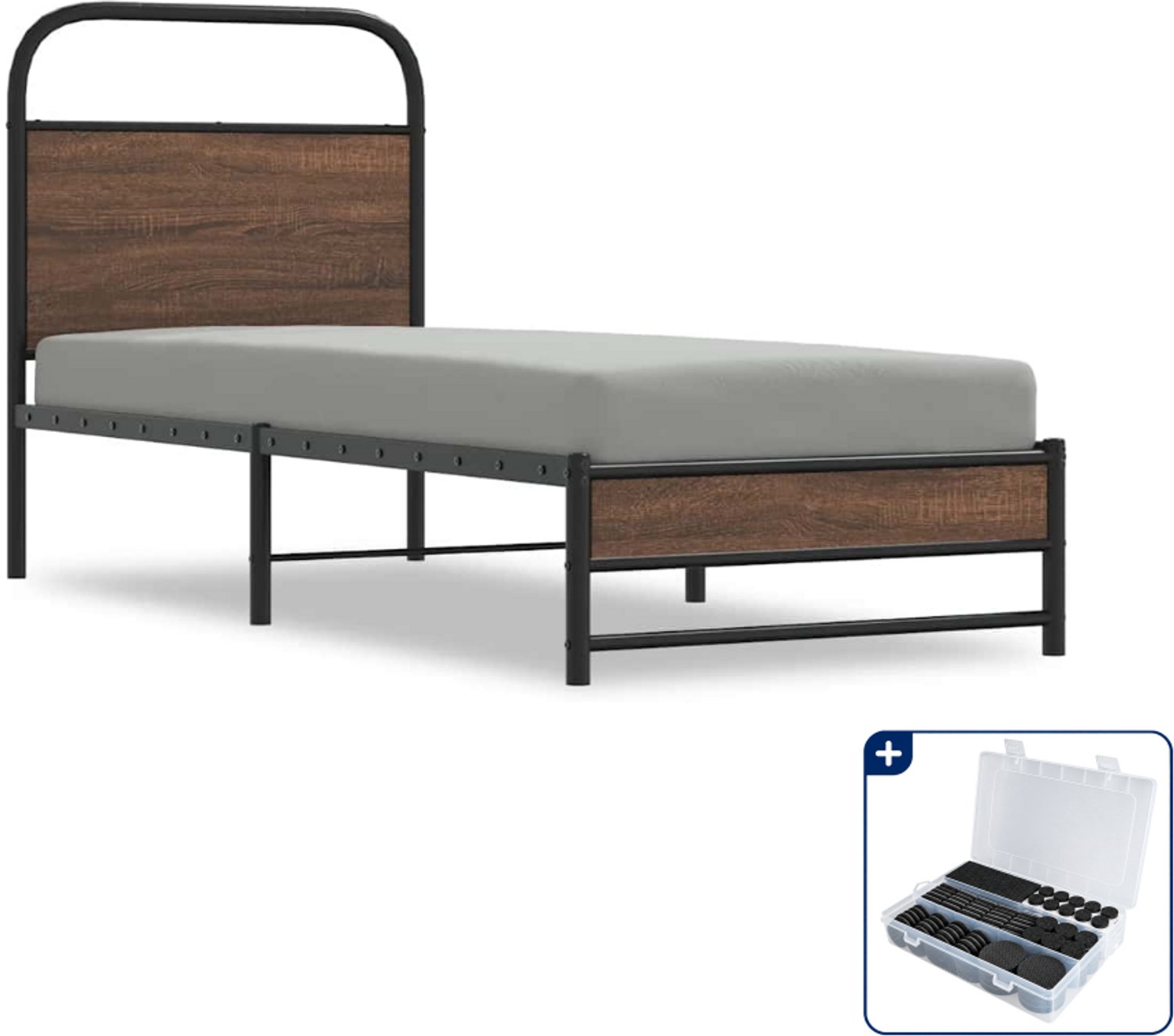 vidaXL bedframe - 75 x 190 cm - staal en bewerkt hout - bruineiken - Inclusief antikrasvilt 177-delig