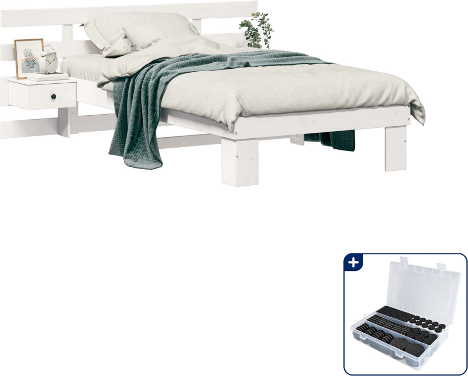 vidaXL Bedframe met hoofdeinde - 90 x 200 cm - massief grenenhout - wit - Inclusief antikrasvilt 177-delig
