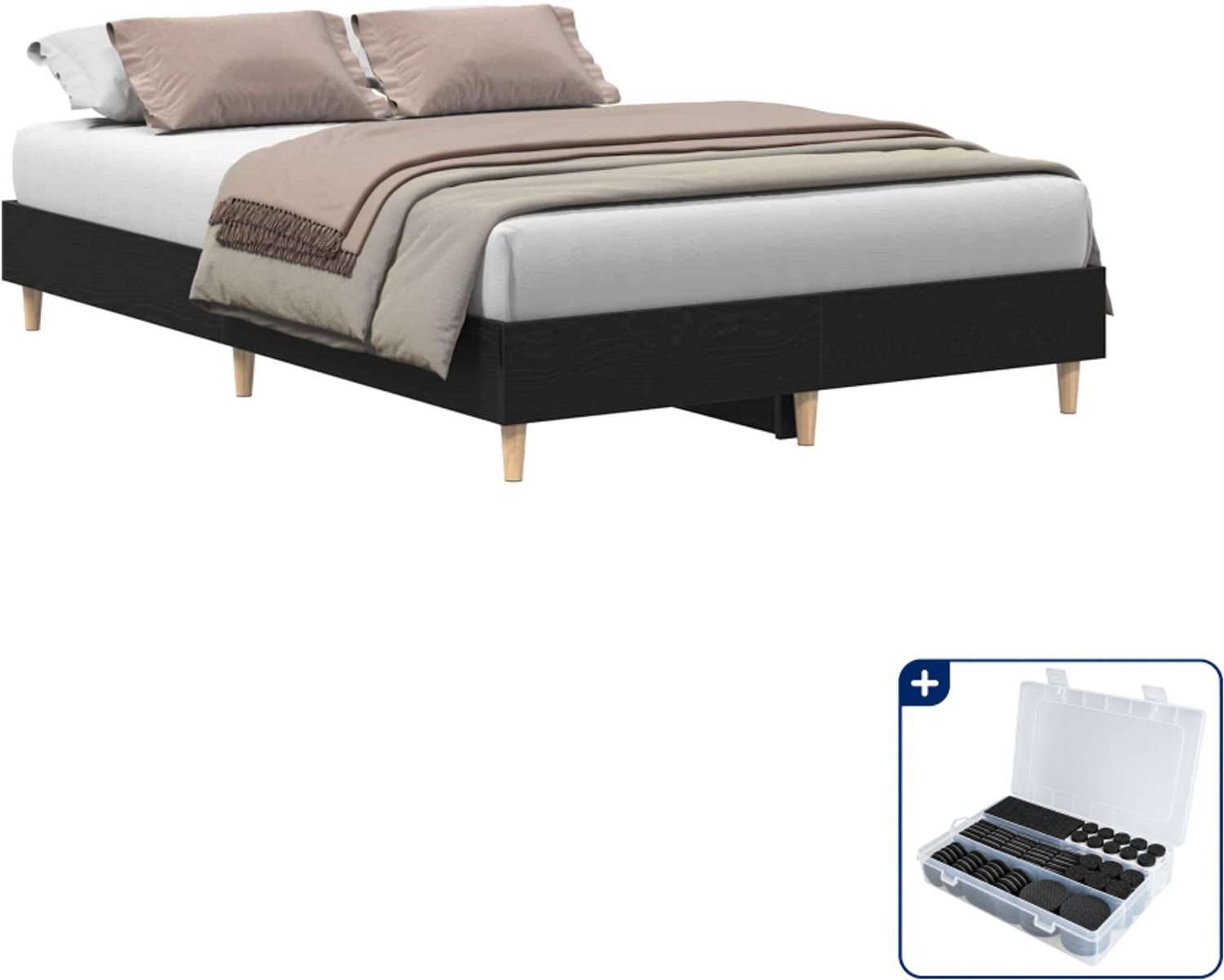 vidaXL bedframe - Small double - 140 x 200 cm - zwart eiken - Inclusief antikrasvilt 177-delig