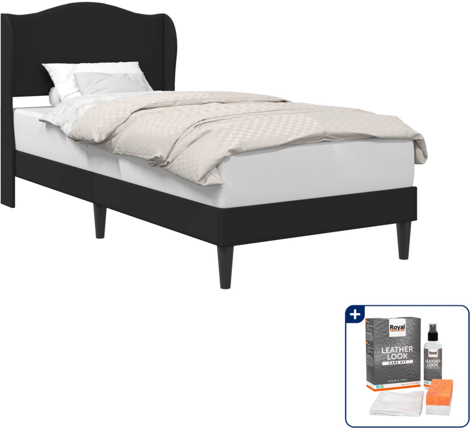 vidaXL bedframe met hoofdeinde - 80 x 200 cm - kunstleer - zwart - Inclusief onderhoudsset voor kunstleer 150 ml