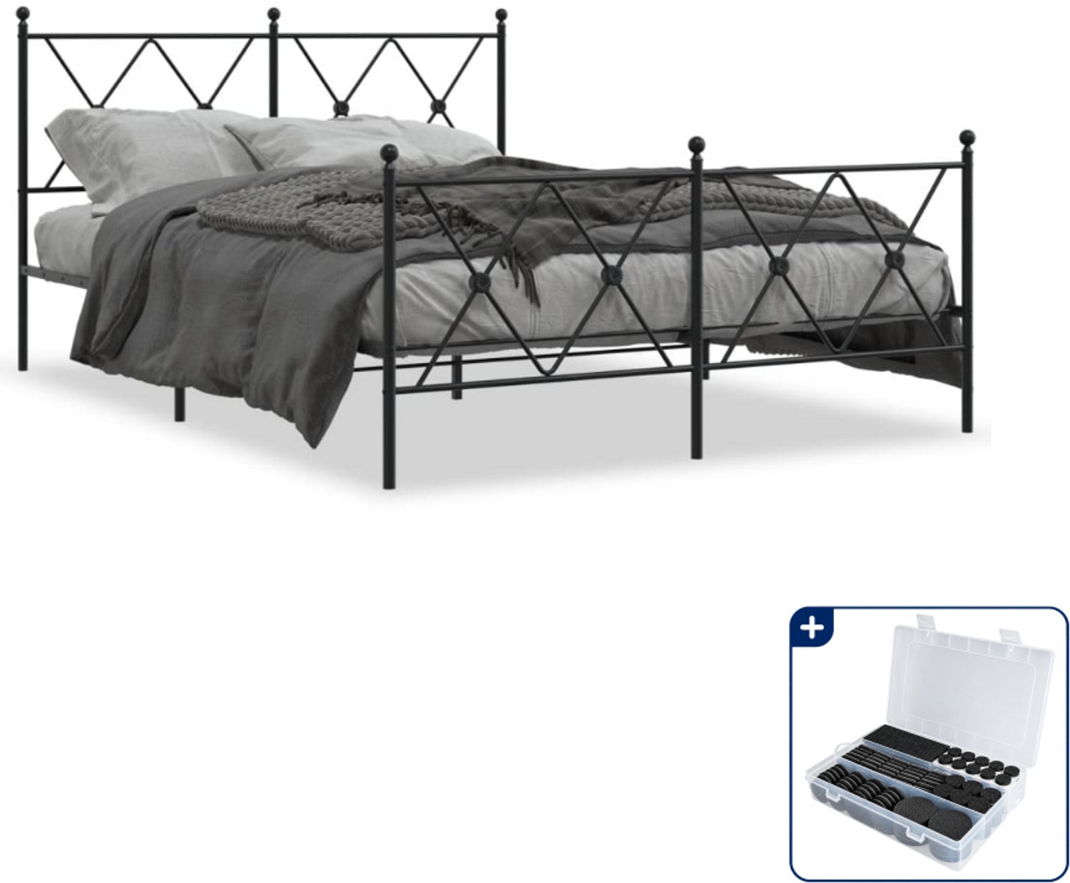 vidaXL bedframe met hoofd- en voeteneinde - 137 x 190 cm - staal - zwart - Inclusief antikrasvilt 177-delig