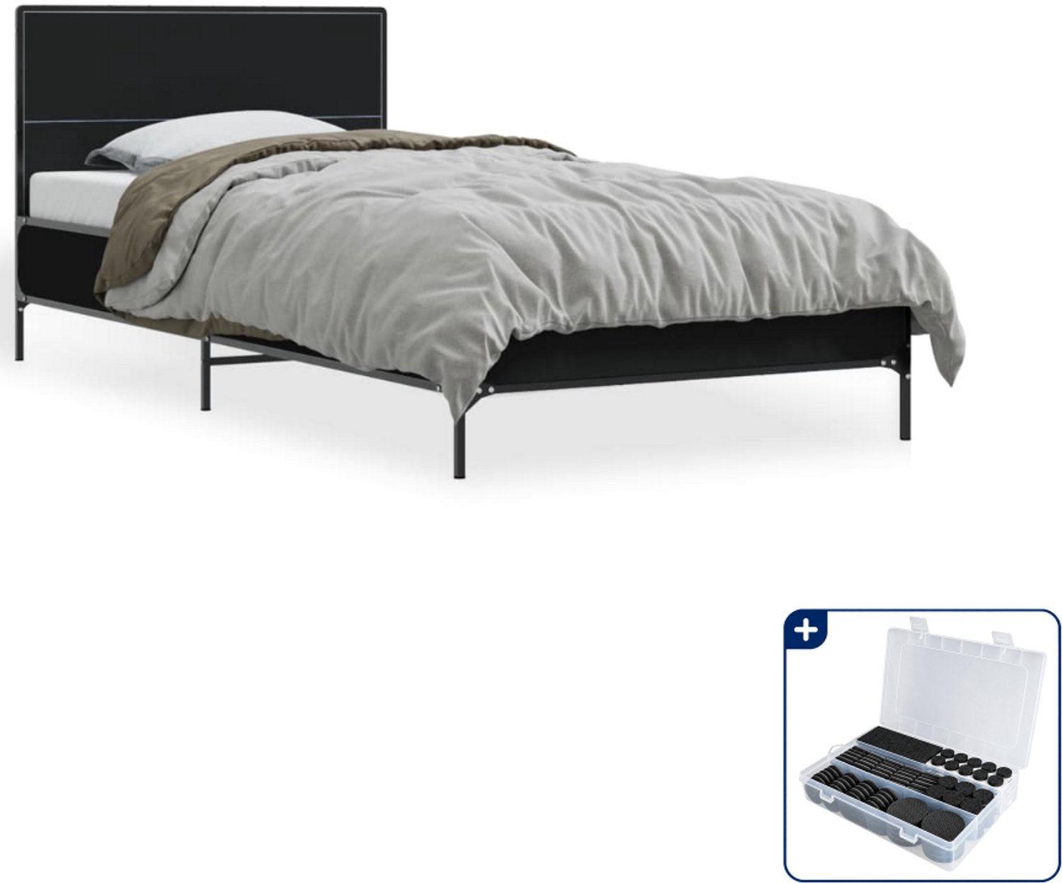 vidaXL bedframe - 100 x 200 cm - bewerkt hout en metaal - zwart - Inclusief antikrasvilt 177-delig