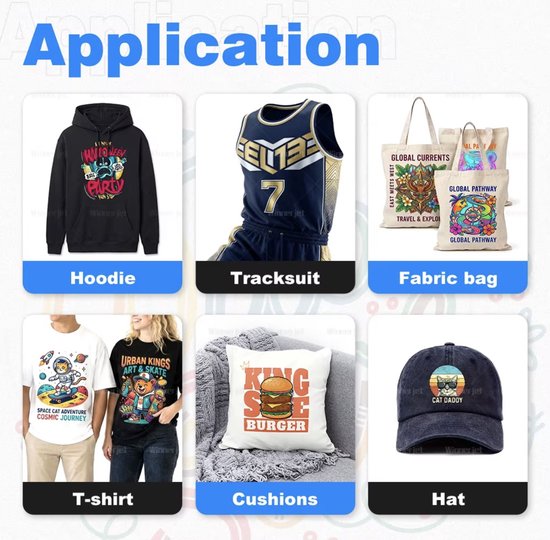 Overzicht van bedrukte producten waaronder hoodies, sportkleding, tassen, t-shirts, kussens en petten.