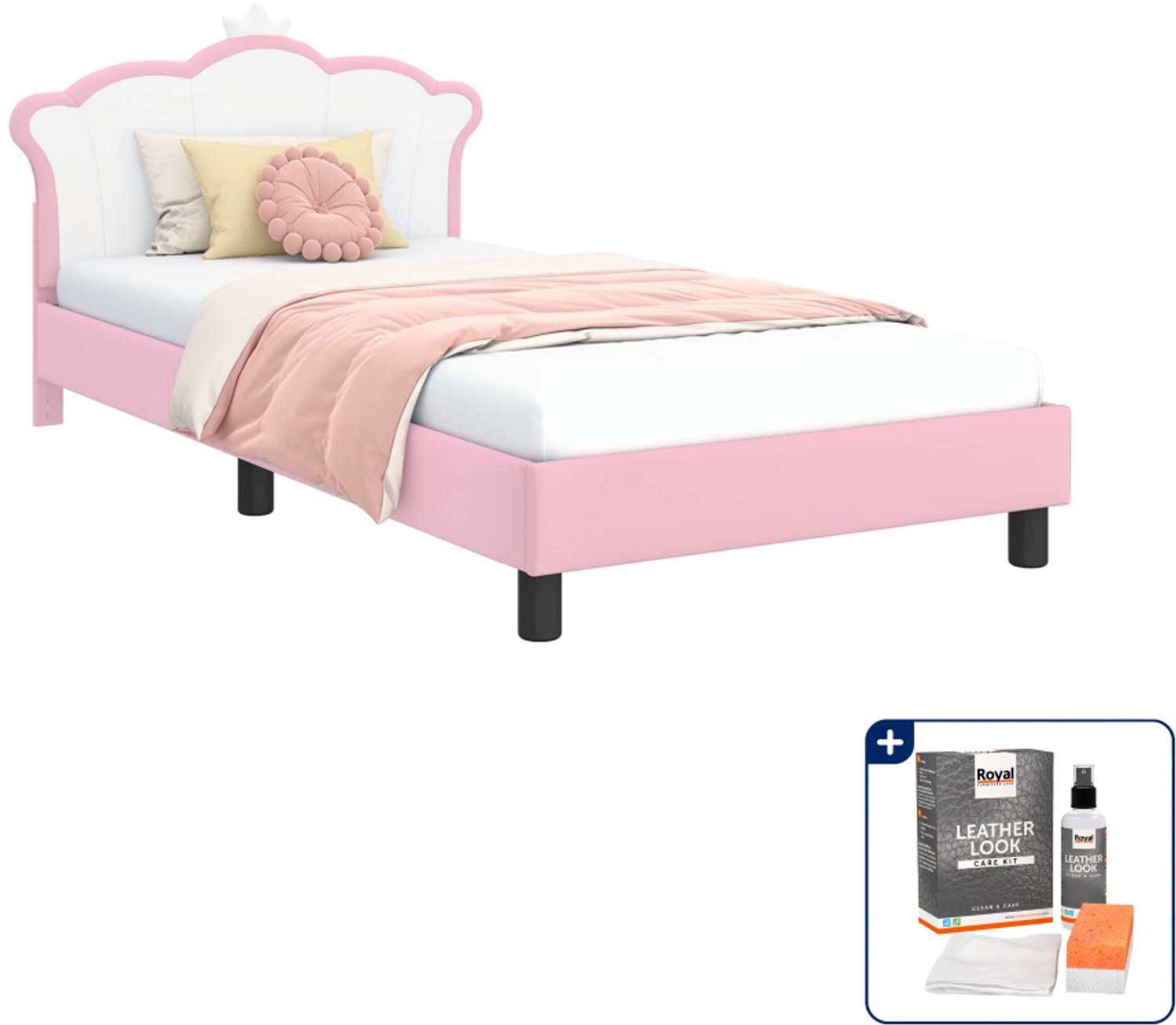 vidaXL kinderbedframe - 90 x 190 cm - bewerkt hout - roze - Inclusief onderhoudsset voor kunstleer 150 ml