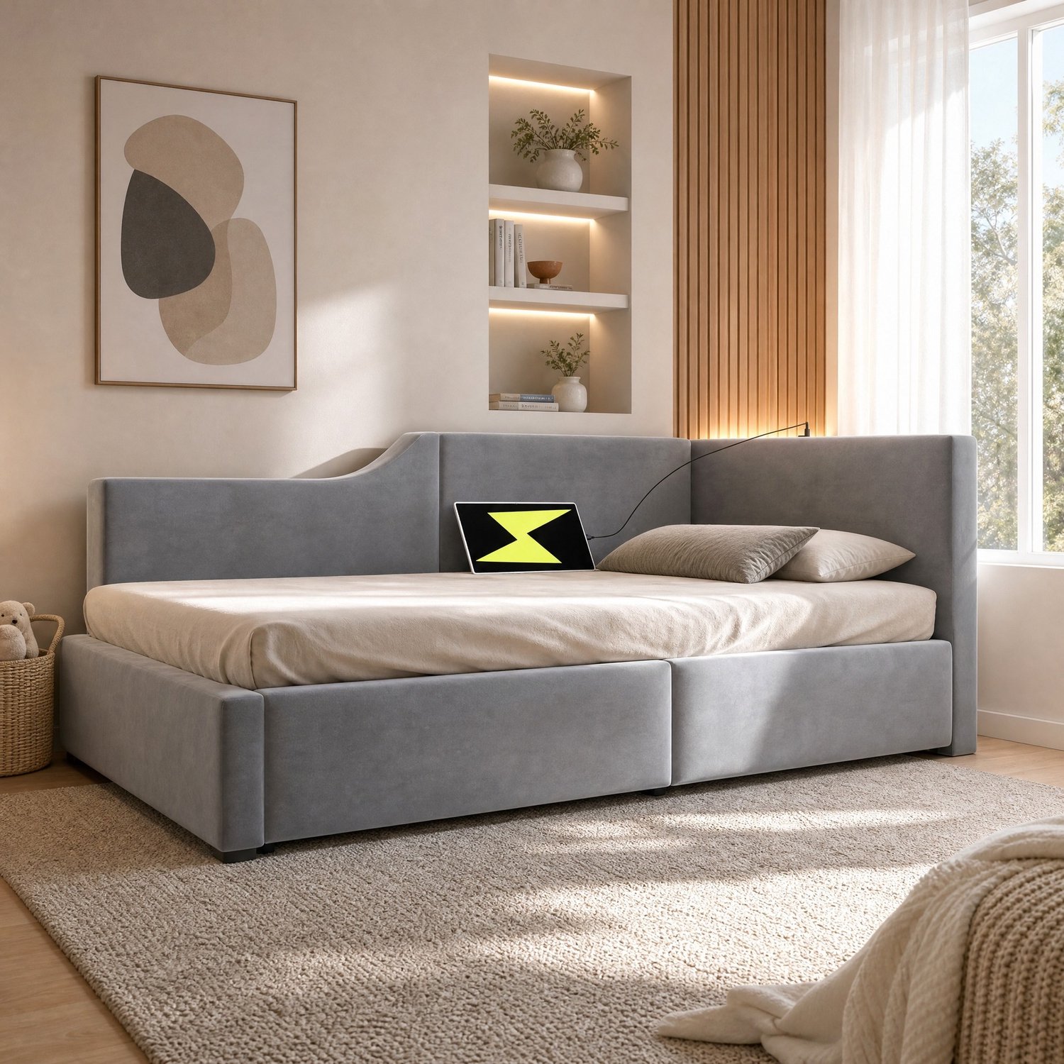 Maisentiel Gestoffeerd dagbed 90 x 190 cm – grijs fluweel, opbergruimte, leeslamp en USB-C
