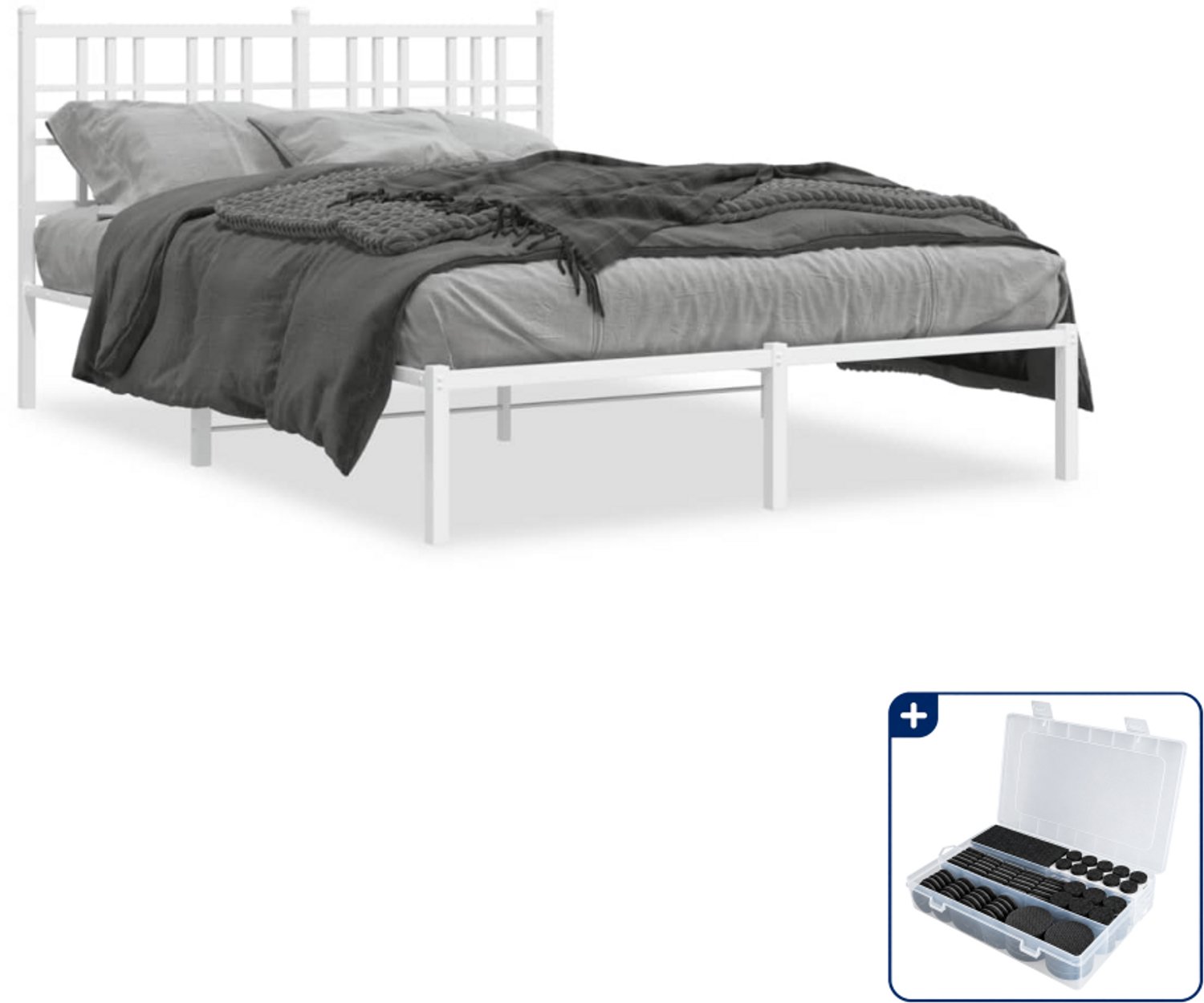 vidaXL bedframe met hoofdbord - 120 x 200 cm - staal - wit - Inclusief antikrasvilt 177-delig