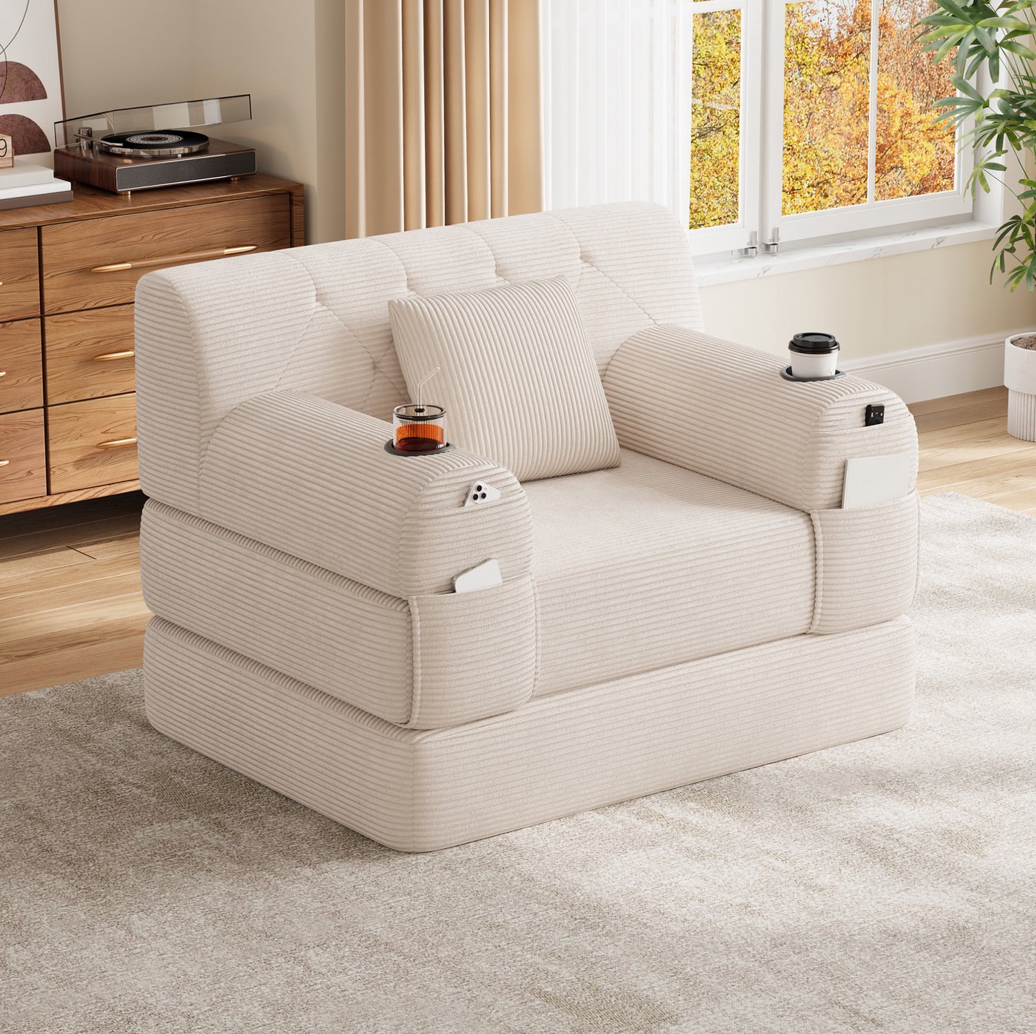 OKWISH Slaapbank 107 cm - 1 Zitplek en Hoge Rugleuning - 4 Zijvakken en 2 Bekerhouders - Voor Kleine Ruimtes - Ribfluweel - Beige