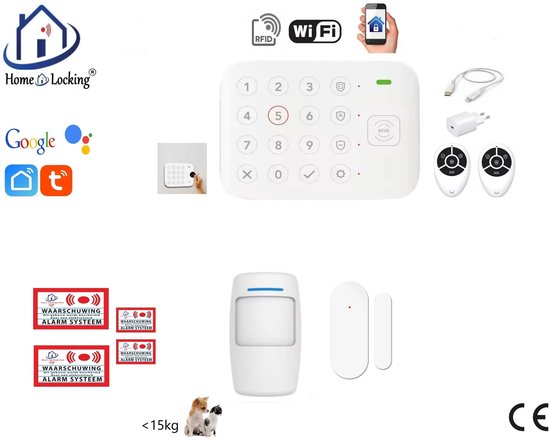 Home-Locking alarmsysteem met wit bedieningspaneel, twee afstandsbedieningen, bewegingssensor, deurcontact en stickers.