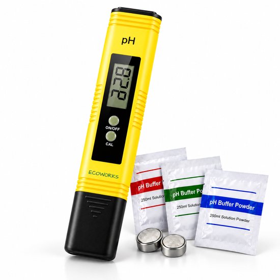 Gele Ecoworks pH-meter met zwart uiteinde, drie zakjes kalibratiepoeder en twee LR44-batterijen.