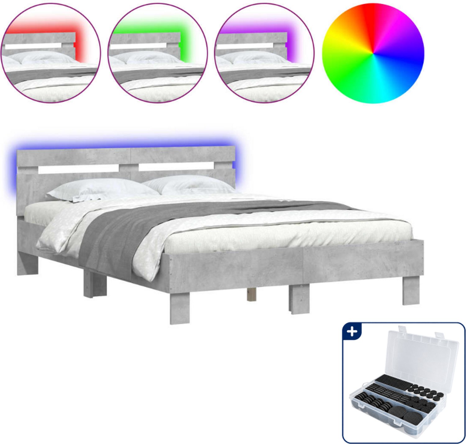 vidaXL bedframe met LED - 135 x 190 cm - bewerkt hout - betongrijs - Inclusief antikrasvilt 177-delig bruin