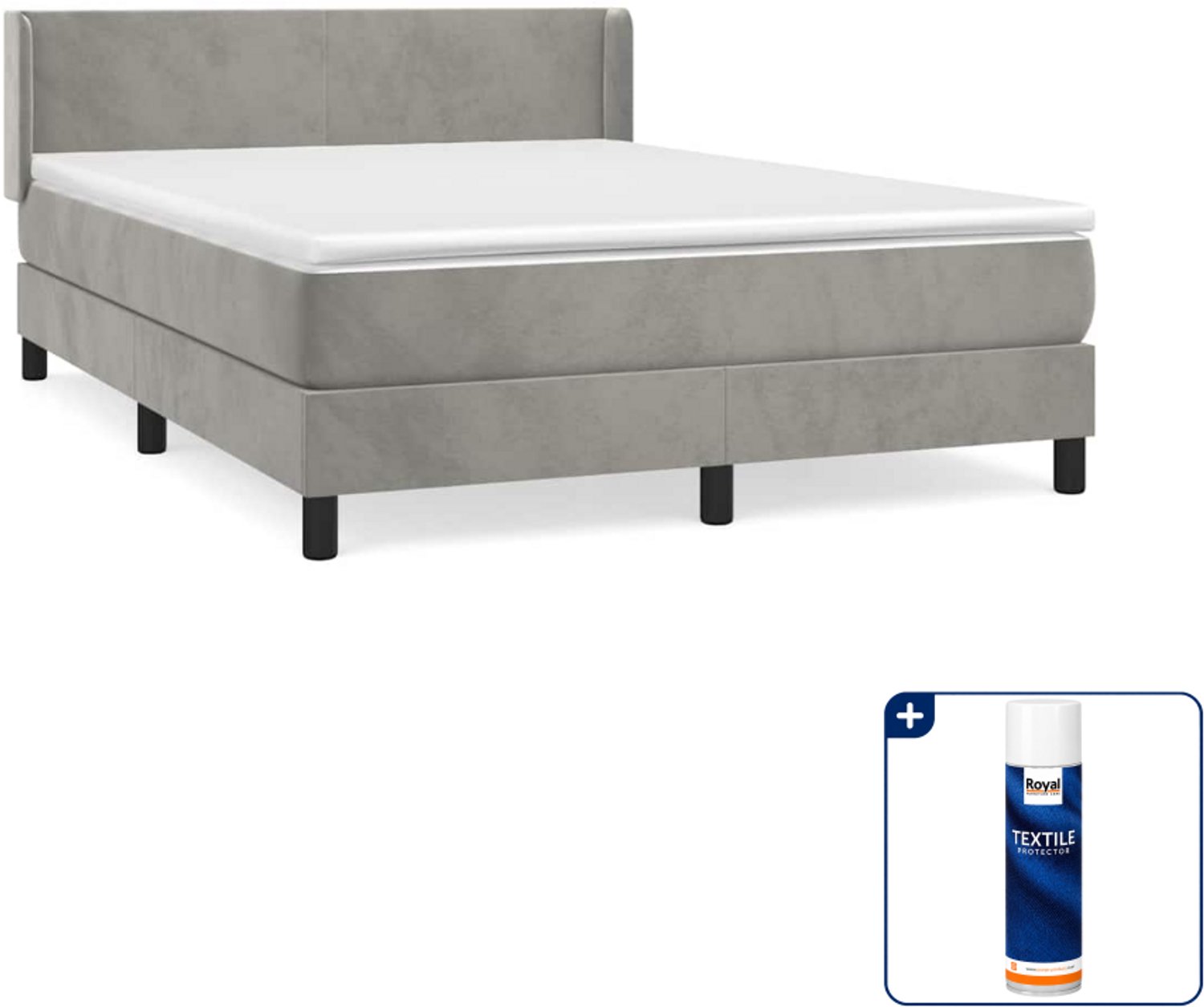 vidaXL boxspring met matras - 140 x 190 cm - fluweel - lichtgrijs - Inclusief textielbeschermer 500 ml