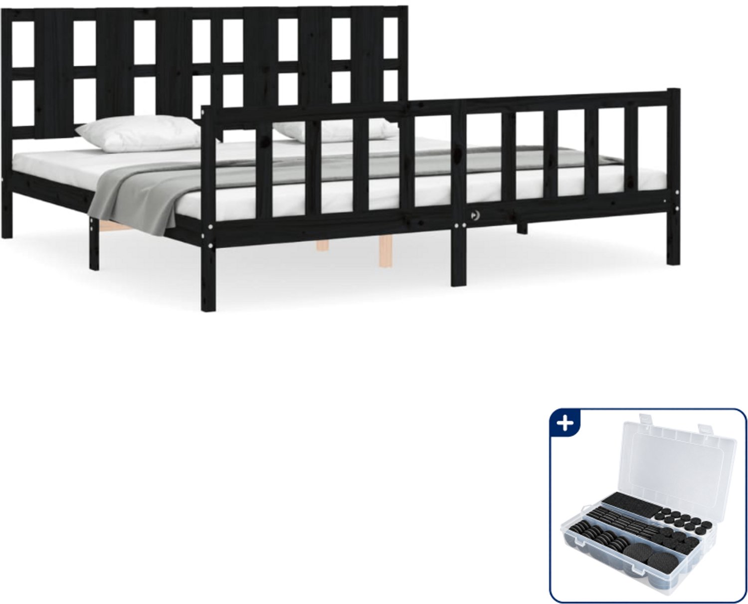 vidaXL bedframe - 200 x 200 cm - massief grenenhout - zwart - Inclusief antikrasvilt 177-delig