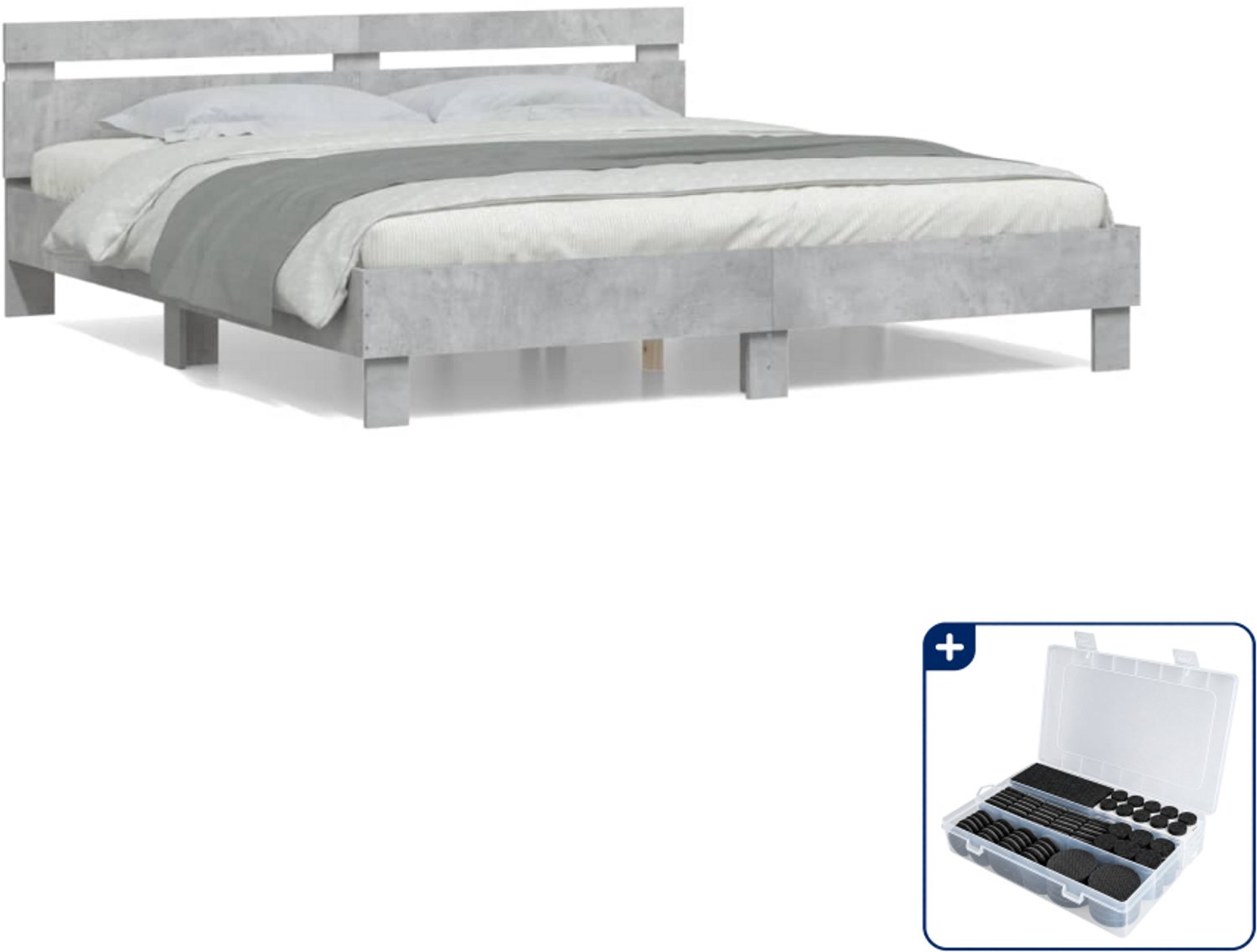 vidaXL Queensize bedframe met hoofdeinde - 160 x 200 cm - betongrijs - Inclusief antikrasvilt 177-delig Blauw