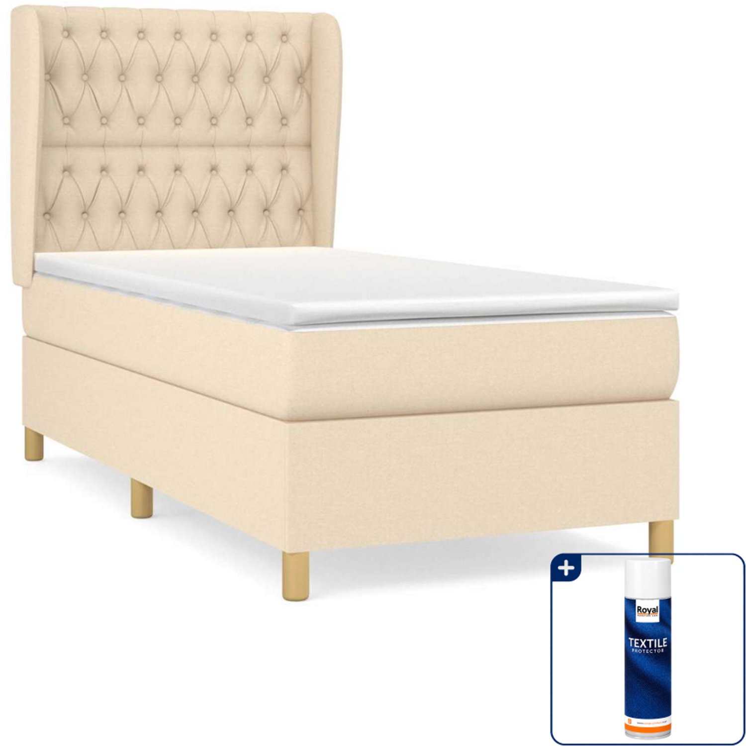 vidaXL boxspring met matras - 90 x 200 cm - stof - crèmekleurig - Inclusief textielbeschermer 500 ml