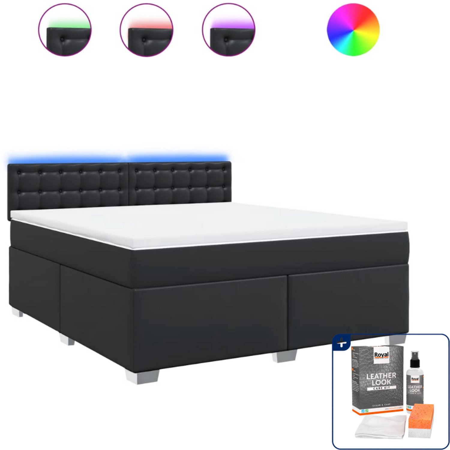 vidaXL boxspring Kingsize - 180 x 200 cm - kunstleer - zwart - Inclusief onderhoudsset voor kunstleer 150 ml