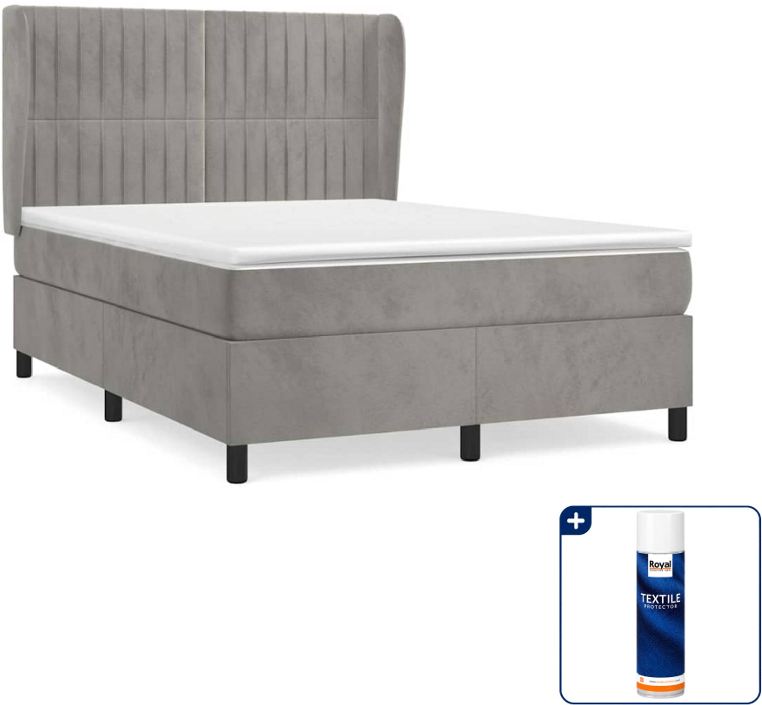 vidaXL Boxspring 140 x 190 cm - fluweel - lichtgrijs - Inclusief textielbeschermer 500 ml