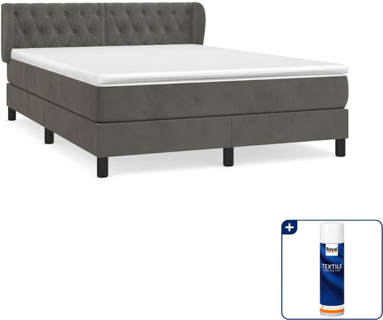 vidaXL boxspring - Small double - 140 x 200 cm - fluweel - donkergrijs - Inclusief textielbeschermer 500 ml