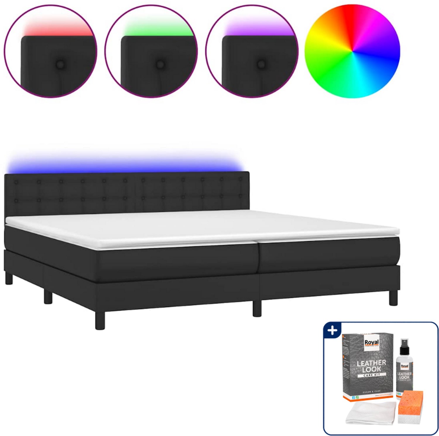 vidaXL Super kingsize boxspring met matras en LED - 200 x 200 cm - zwart - Inclusief onderhoudsset voor kunstleer 150 ml
