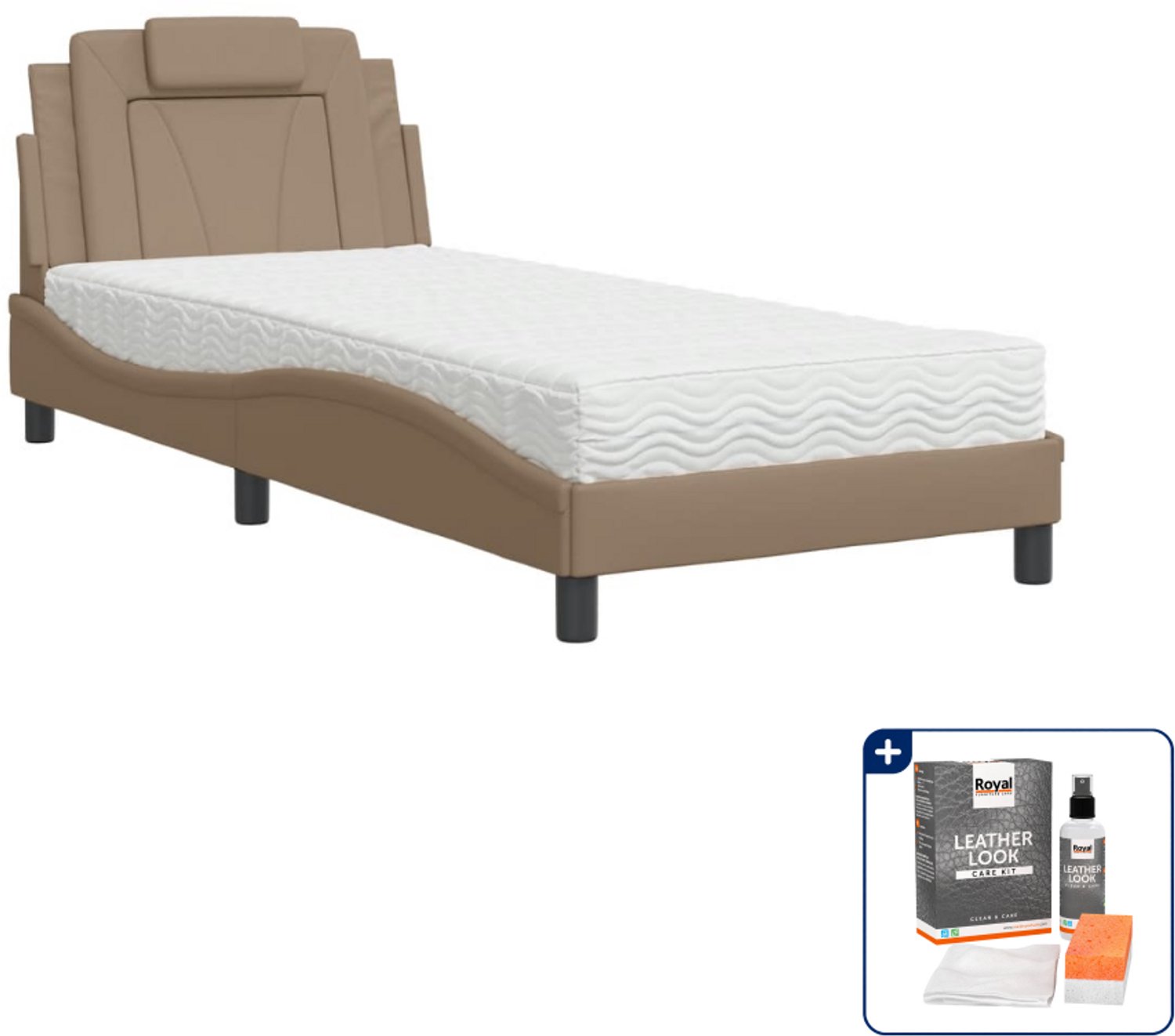 vidaXL Viana bed met matras - 90 x 190 cm - kunstleer - cappuccino - Inclusief onderhoudsset voor kunstleer 150 ml Grijs