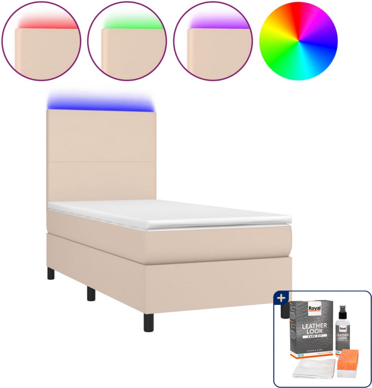 vidaXL boxspring met matras en LED - 90 x 190 cm - cappuccino - Inclusief onderhoudsset voor kunstleer 150 ml Bruin