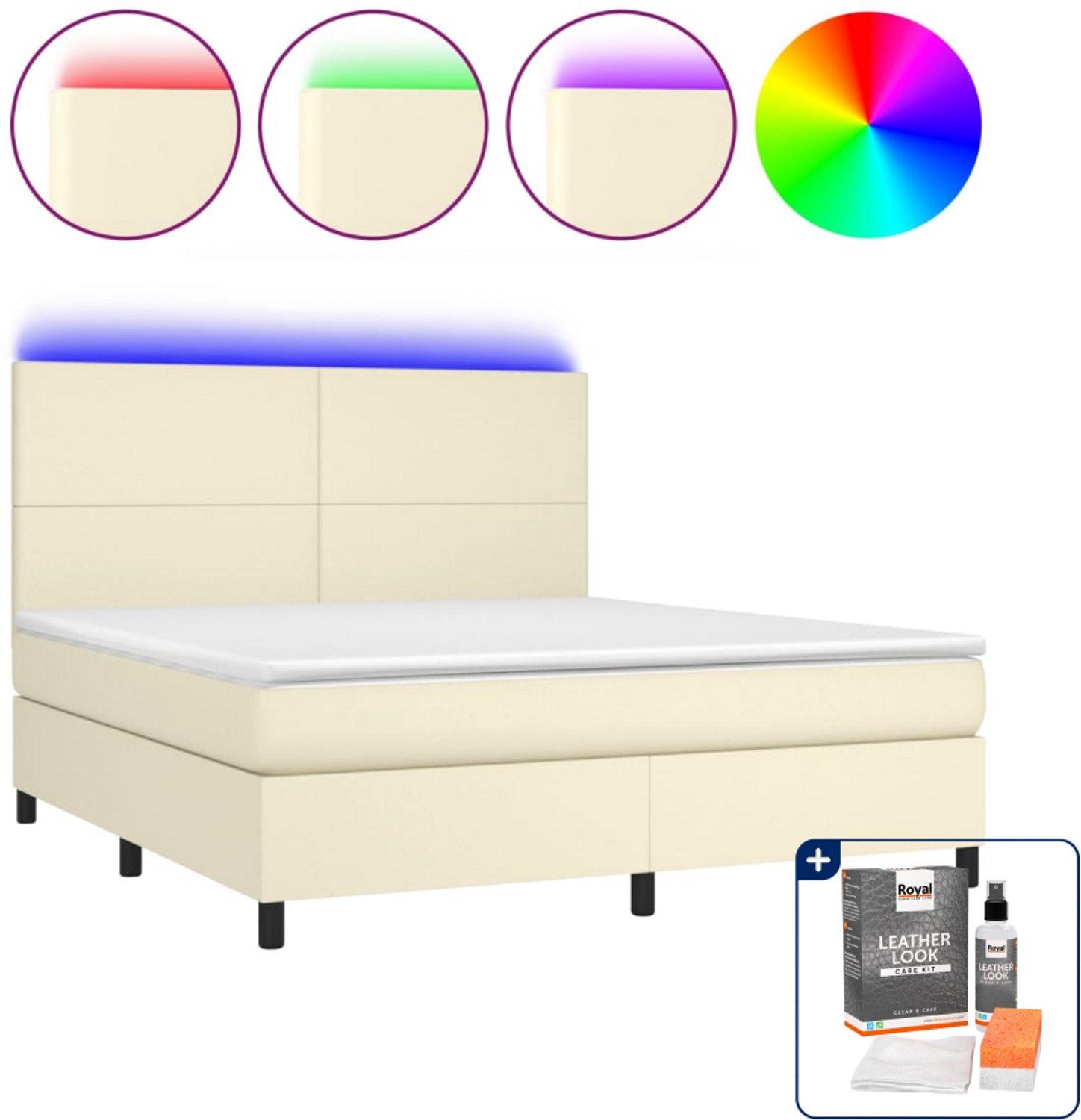 vidaXL boxspring met matras en LED - Queensize - 160 x 200 cm - crème - Inclusief onderhoudsset voor kunstleer 150 ml