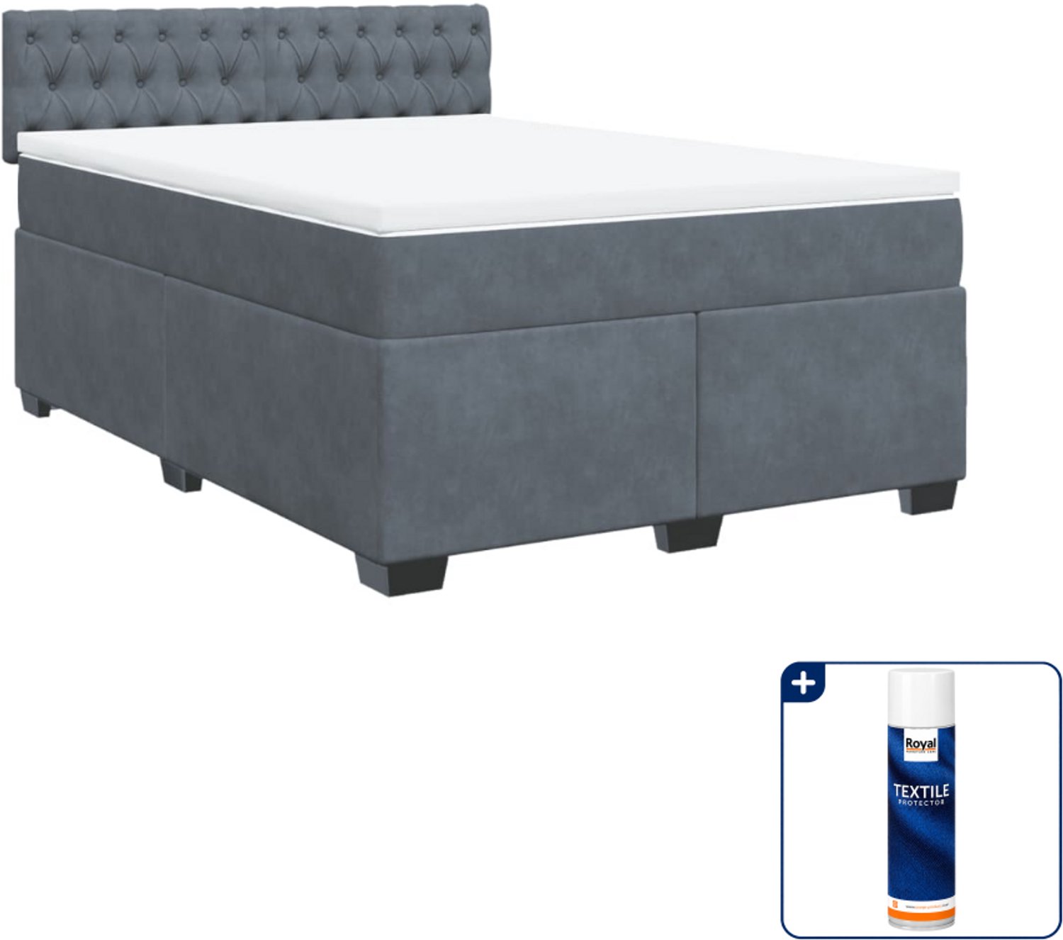 vidaXL boxspring met matras - 140 x 190 cm - fluweel - donkergrijs - Inclusief textielbeschermer 500 ml