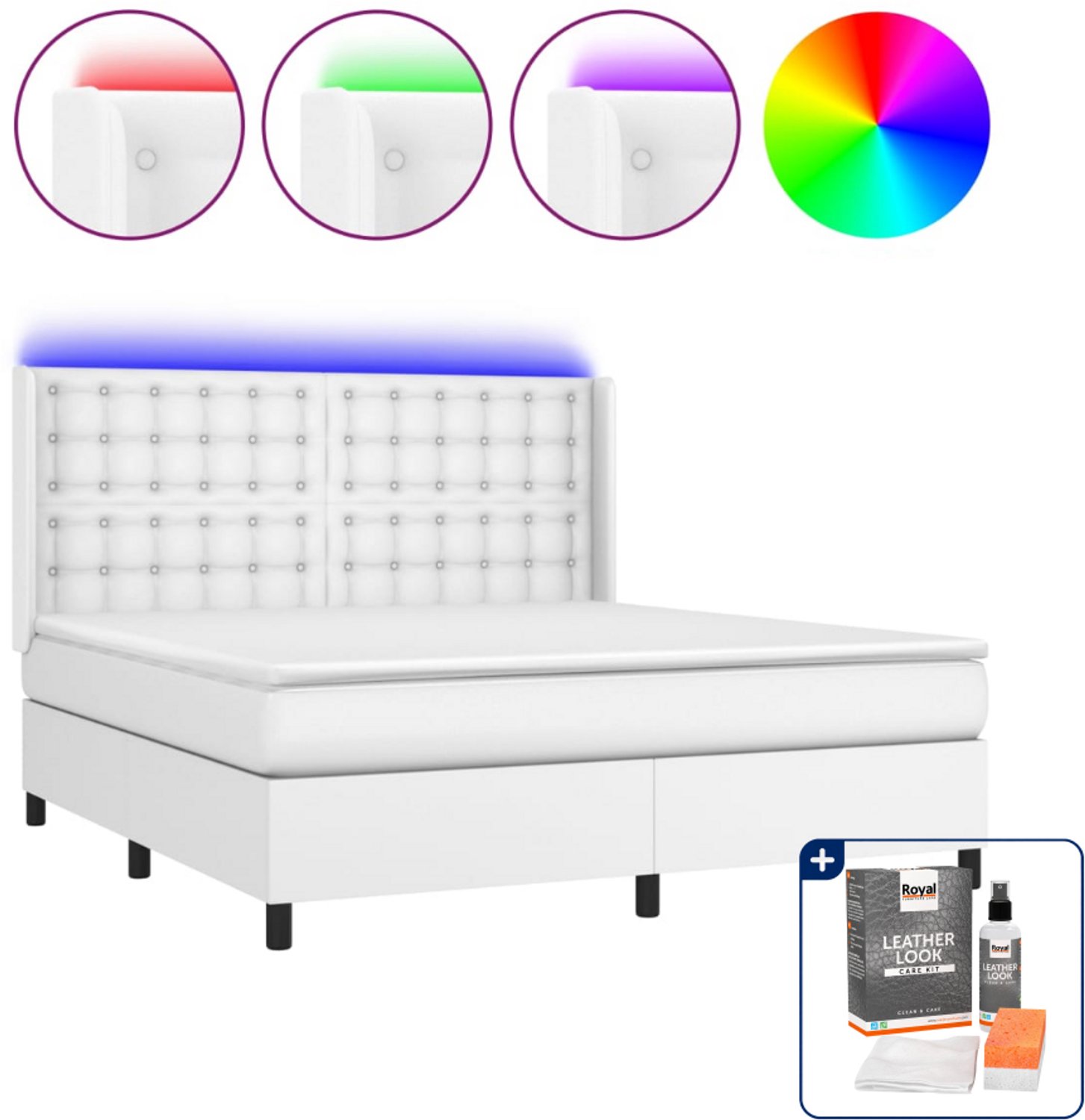 vidaXL boxspring met matras en LED - Queensize 160x200 cm - wit - Inclusief onderhoudsset voor kunstleer 150 ml
