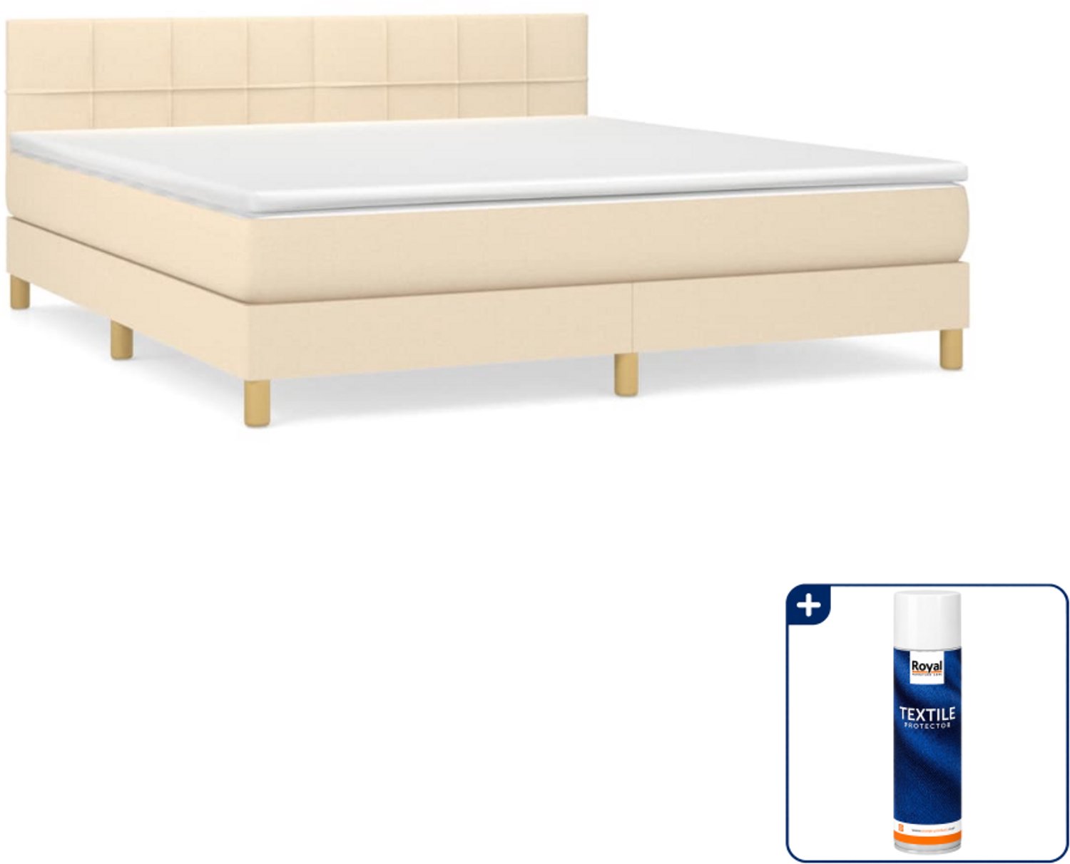 vidaXL Boxspring Queensize - 160 x 200 cm - stof - crèmekleurig - Inclusief textielbeschermer 500 ml